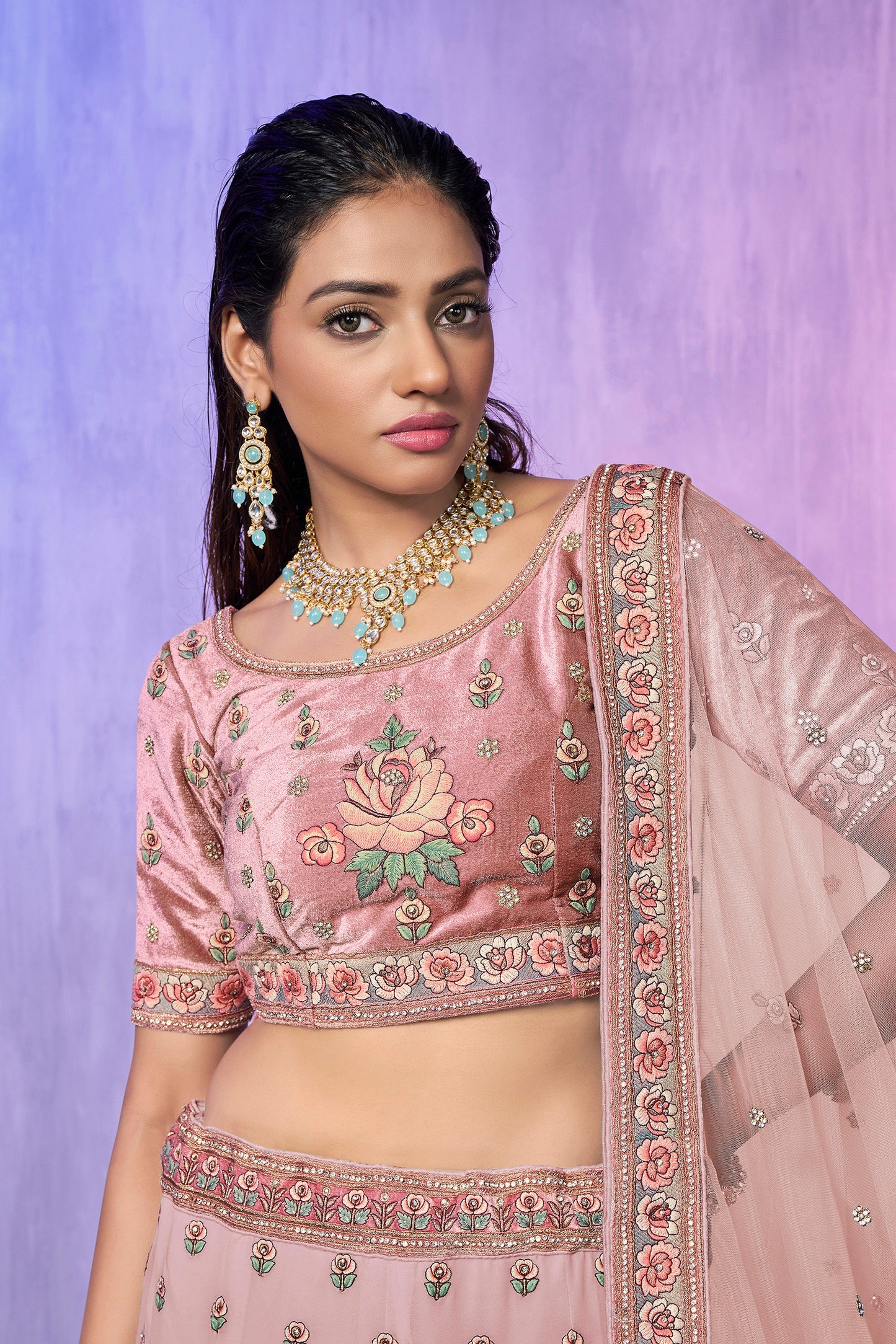 Peach Pakistani Velvet Lehenga Choli For Indian Festivals & Weddings - Embroidery Work,