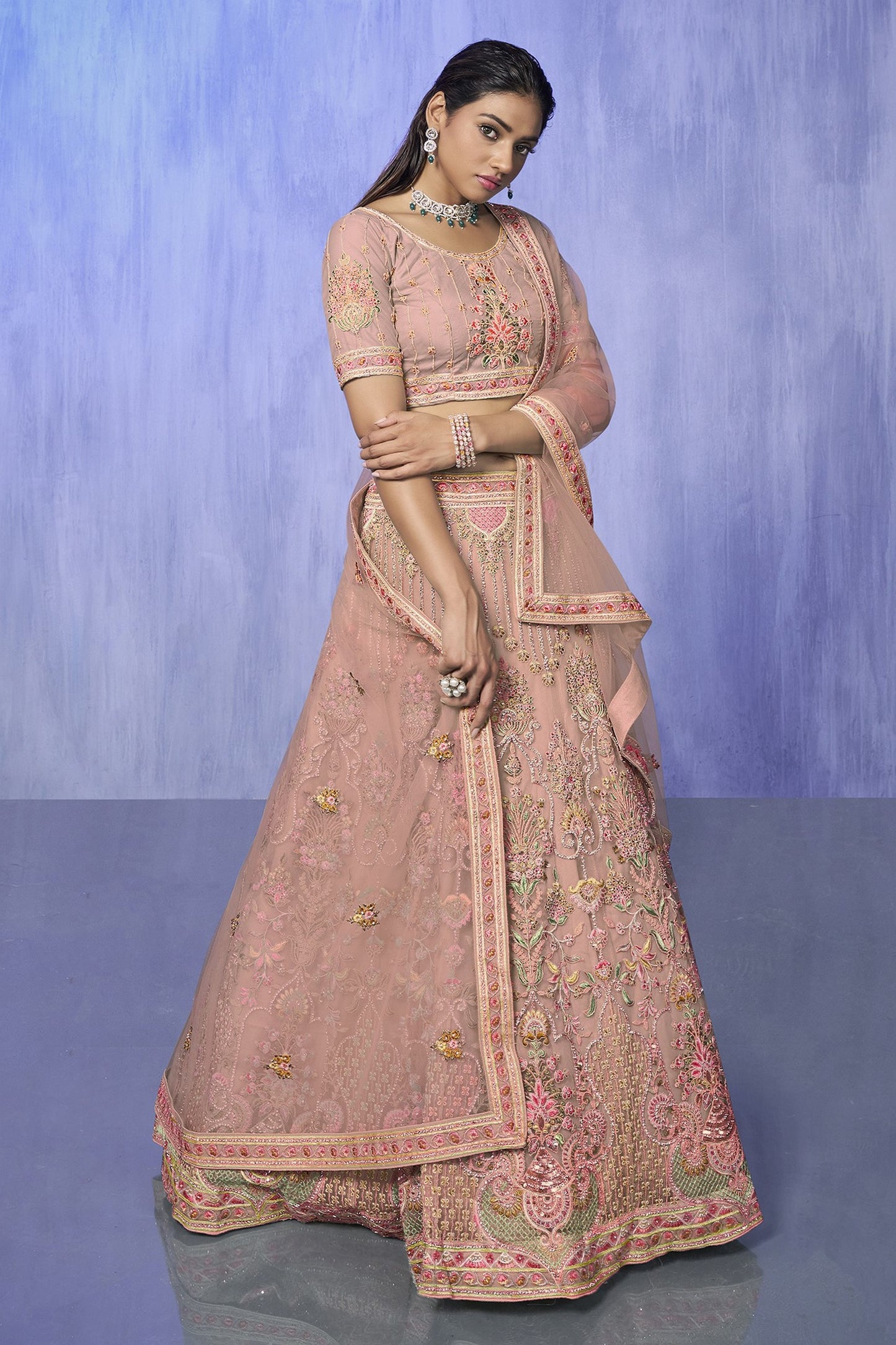 Peach Pakistani Net Lehenga Choli For Indian Festivals & Weddings - Embroidery Work,