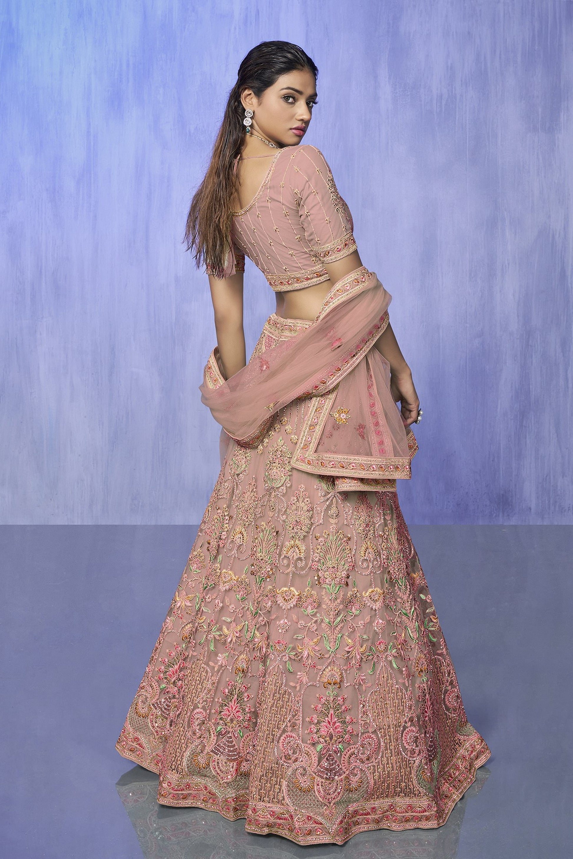 Peach Pakistani Net Lehenga Choli For Indian Festivals & Weddings - Embroidery Work,