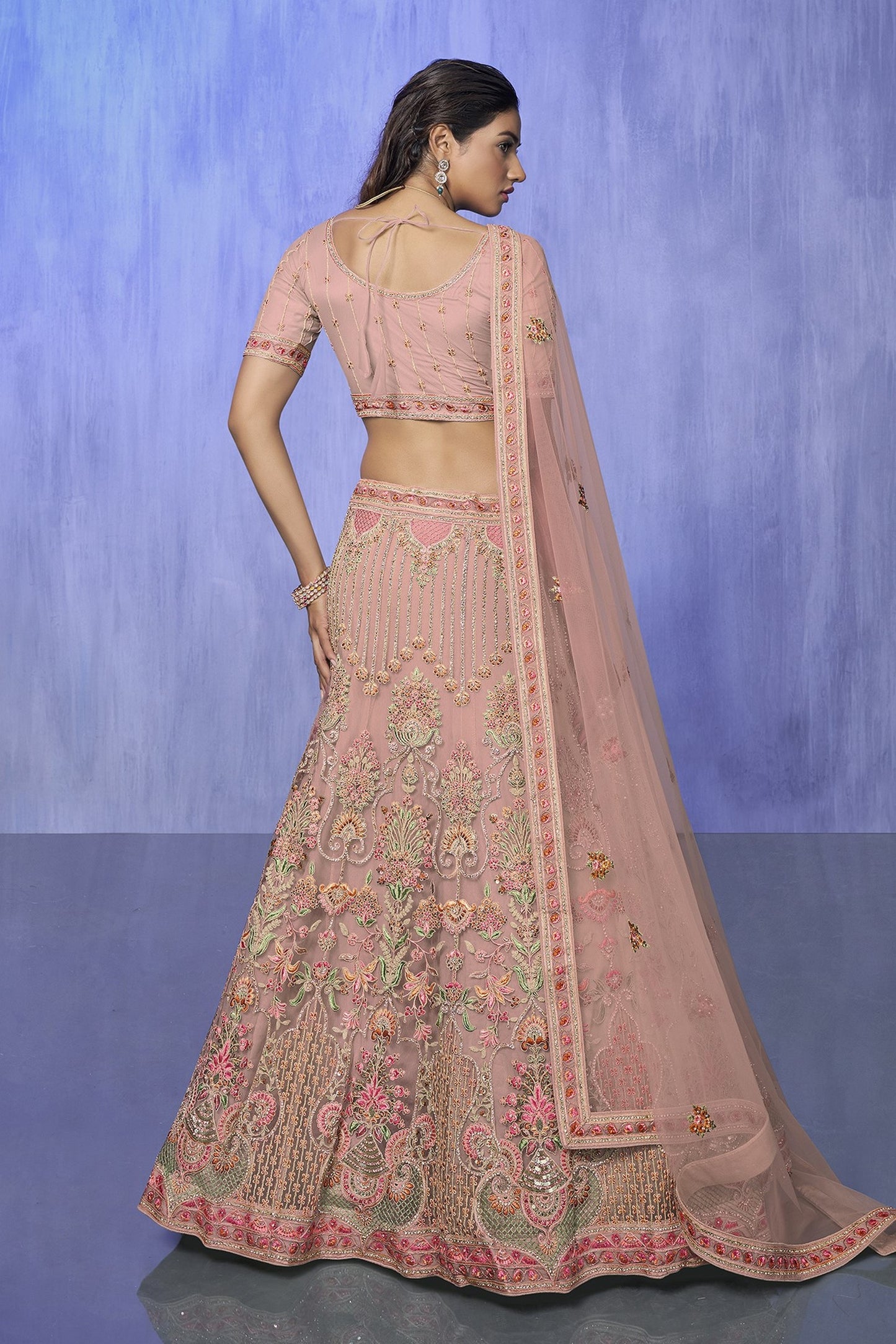 Peach Pakistani Net Lehenga Choli For Indian Festivals & Weddings - Embroidery Work,