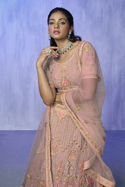 Peach Pakistani Net Lehenga Choli For Indian Festivals & Weddings - Embroidery Work,