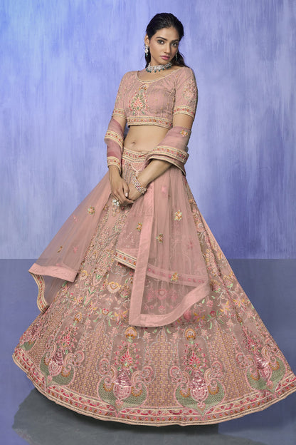 Peach Pakistani Net Lehenga Choli For Indian Festivals & Weddings - Embroidery Work,