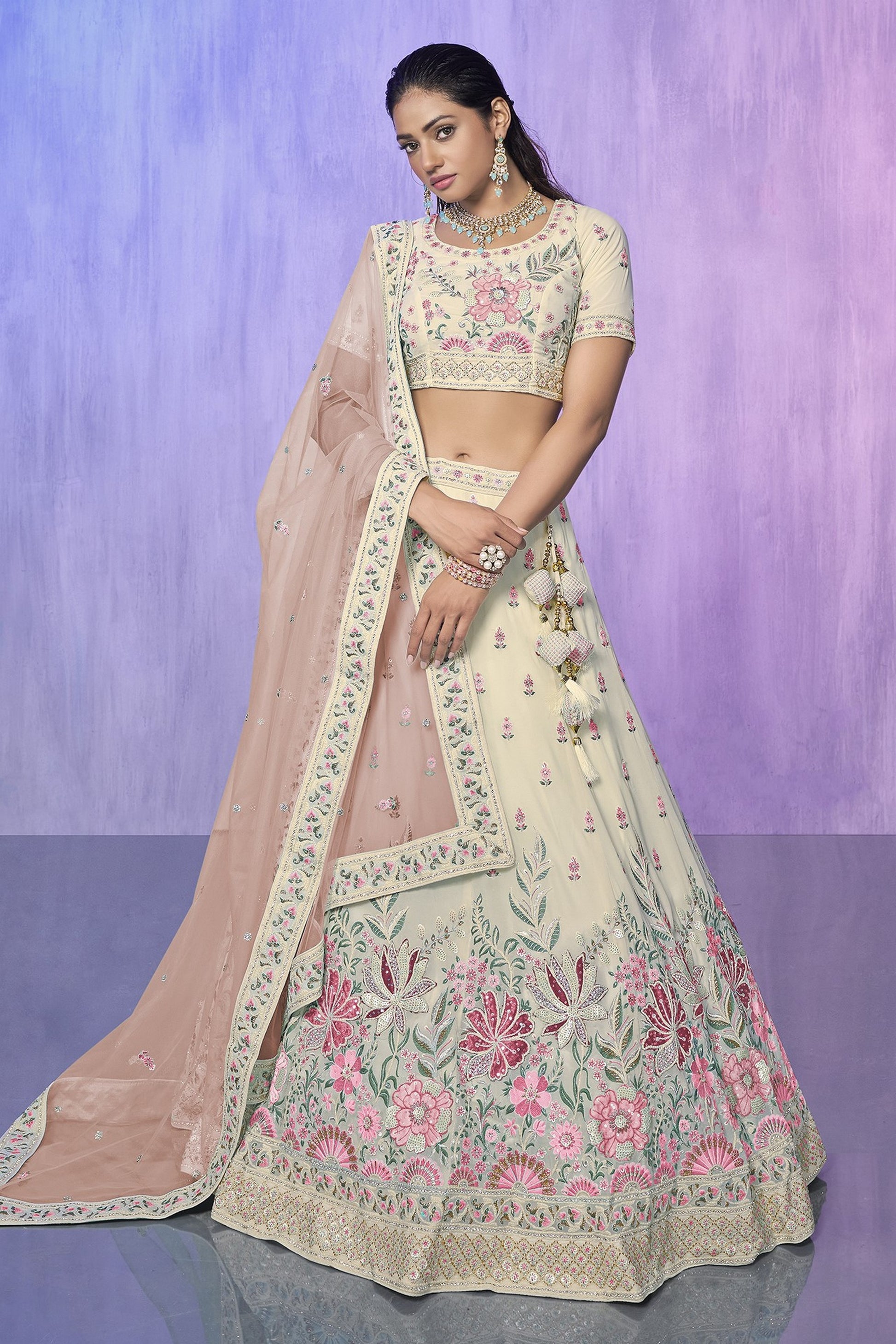 White Pakistani Georgette Lehenga Choli For Indian Festivals & Weddings - Embroidery Work,