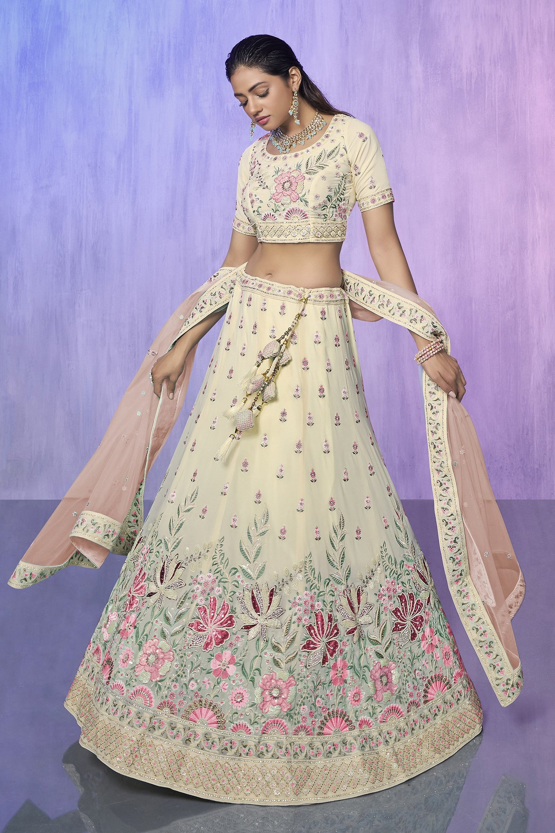 White Pakistani Georgette Lehenga Choli For Indian Festivals & Weddings - Embroidery Work,