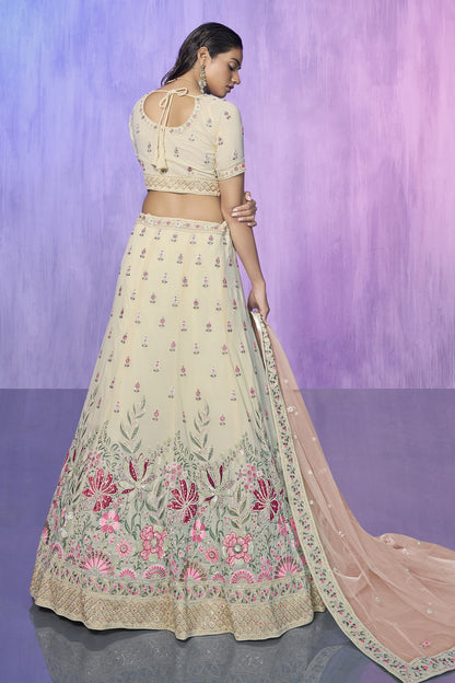 White Pakistani Georgette Lehenga Choli For Indian Festivals & Weddings - Embroidery Work,