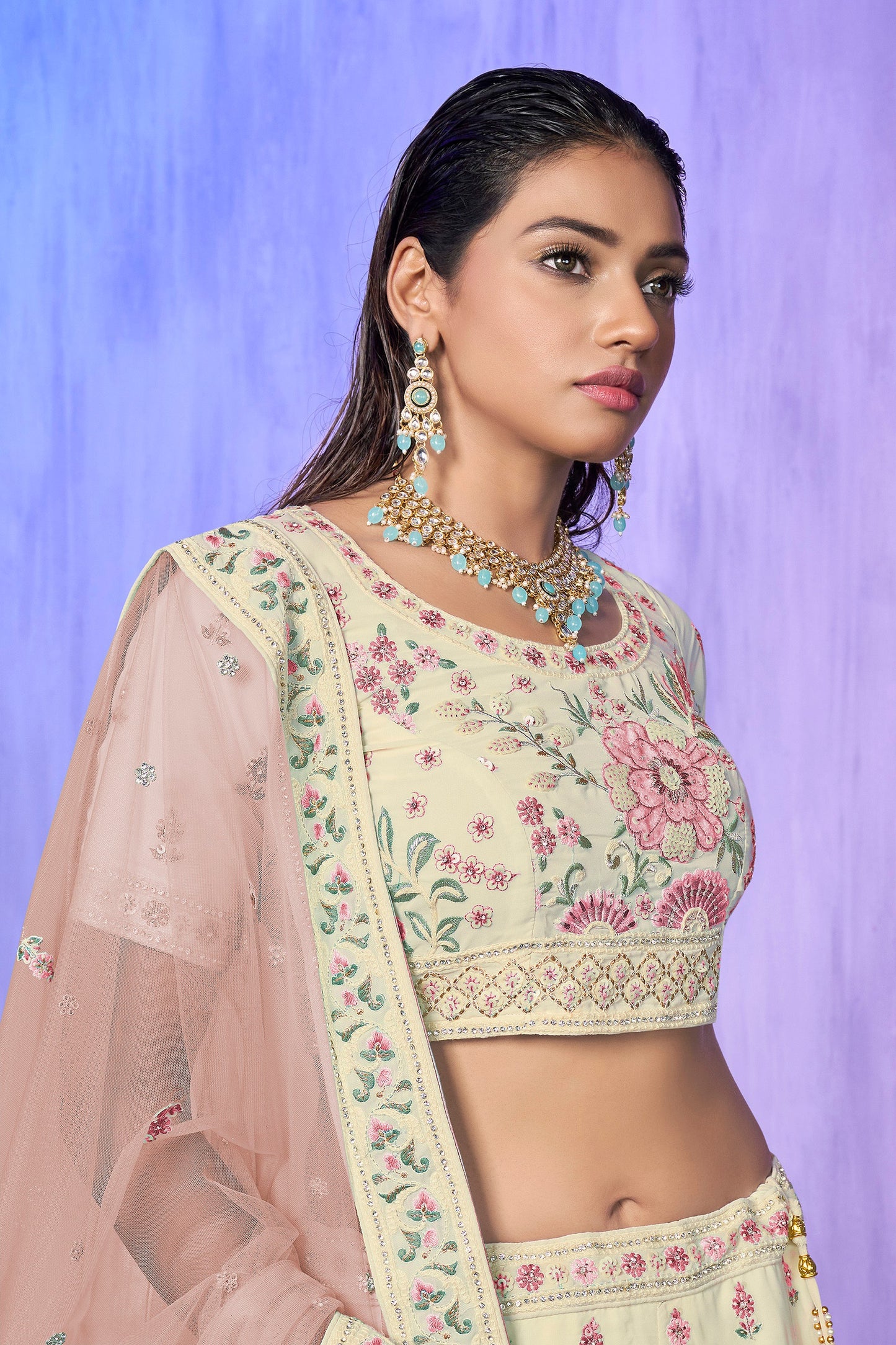 White Pakistani Georgette Lehenga Choli For Indian Festivals & Weddings - Embroidery Work,