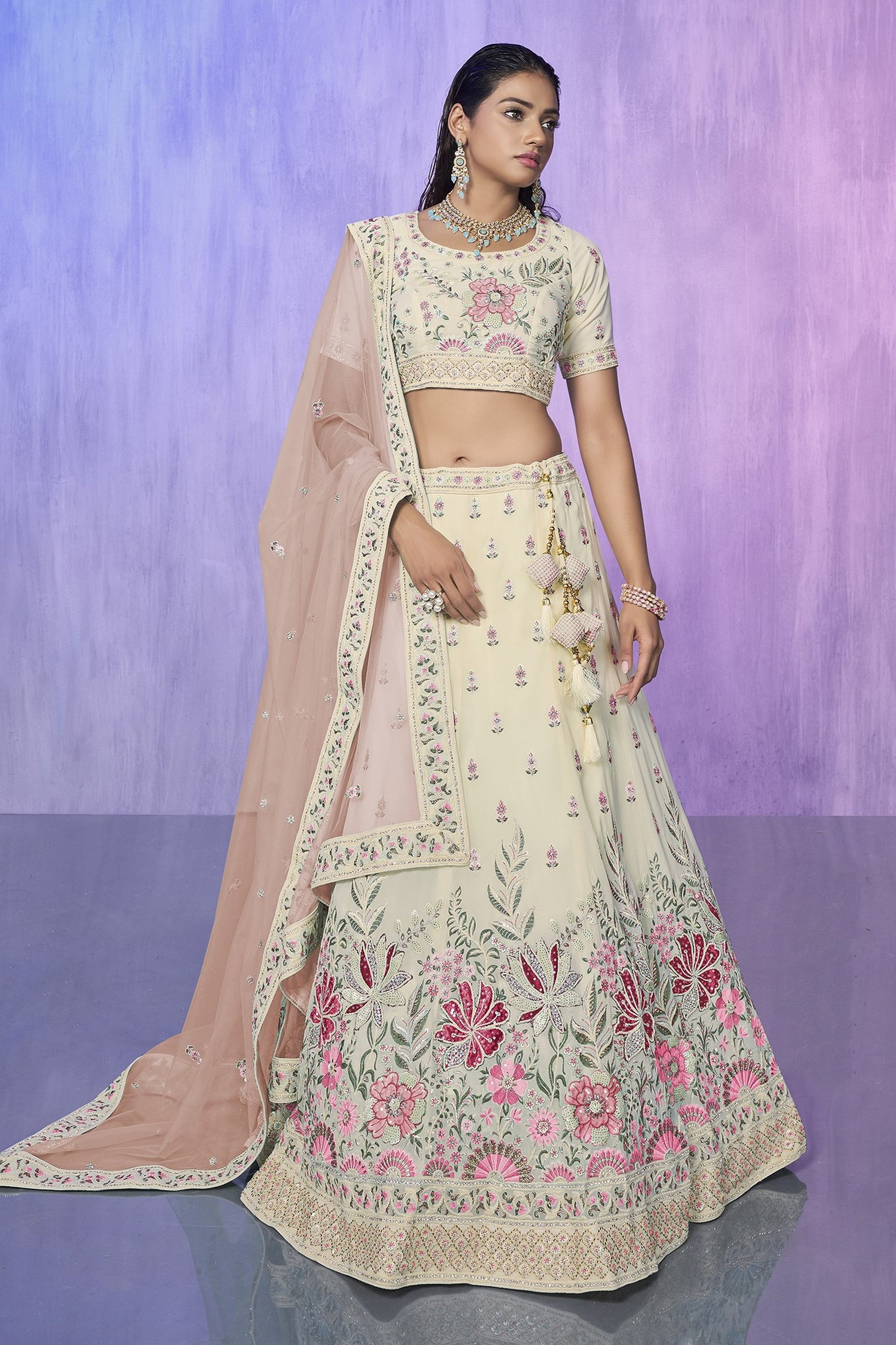 White Pakistani Georgette Lehenga Choli For Indian Festivals & Weddings - Embroidery Work,