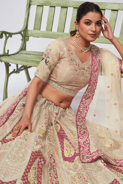 Cream Zari Silk Lehenga Choli For Indian Festivals & Weddings - Sequins Work, Patch Work, Zarkan Work, Thread Work