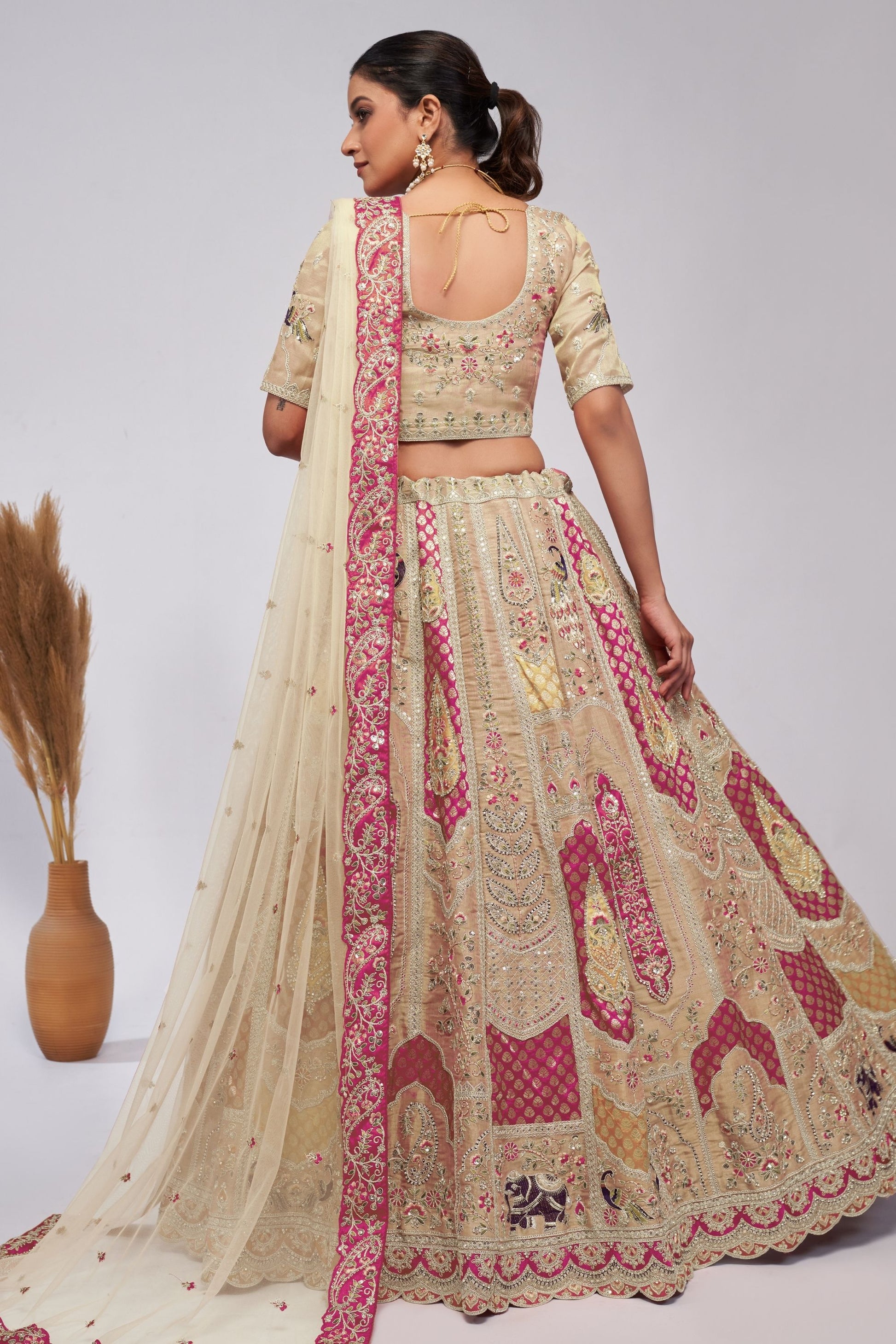 Cream Zari Silk Lehenga Choli For Indian Festivals & Weddings - Sequins Work, Patch Work, Zarkan Work, Thread Work