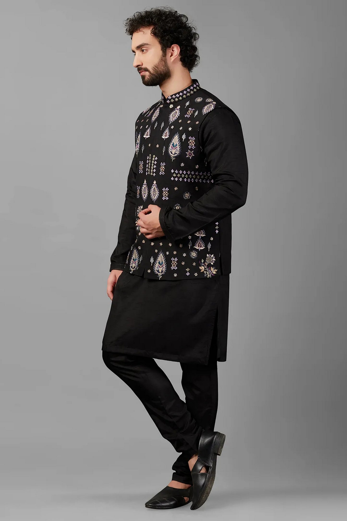 Black Silk Men's Wedding Suit Waistcoat with Kurta & Pant - Embroidery Work