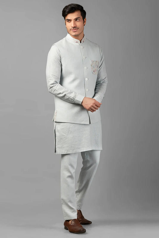 Silver Linen Men's Wedding Suit Waistcoat, Kurta with Pant - Embroidery Work
