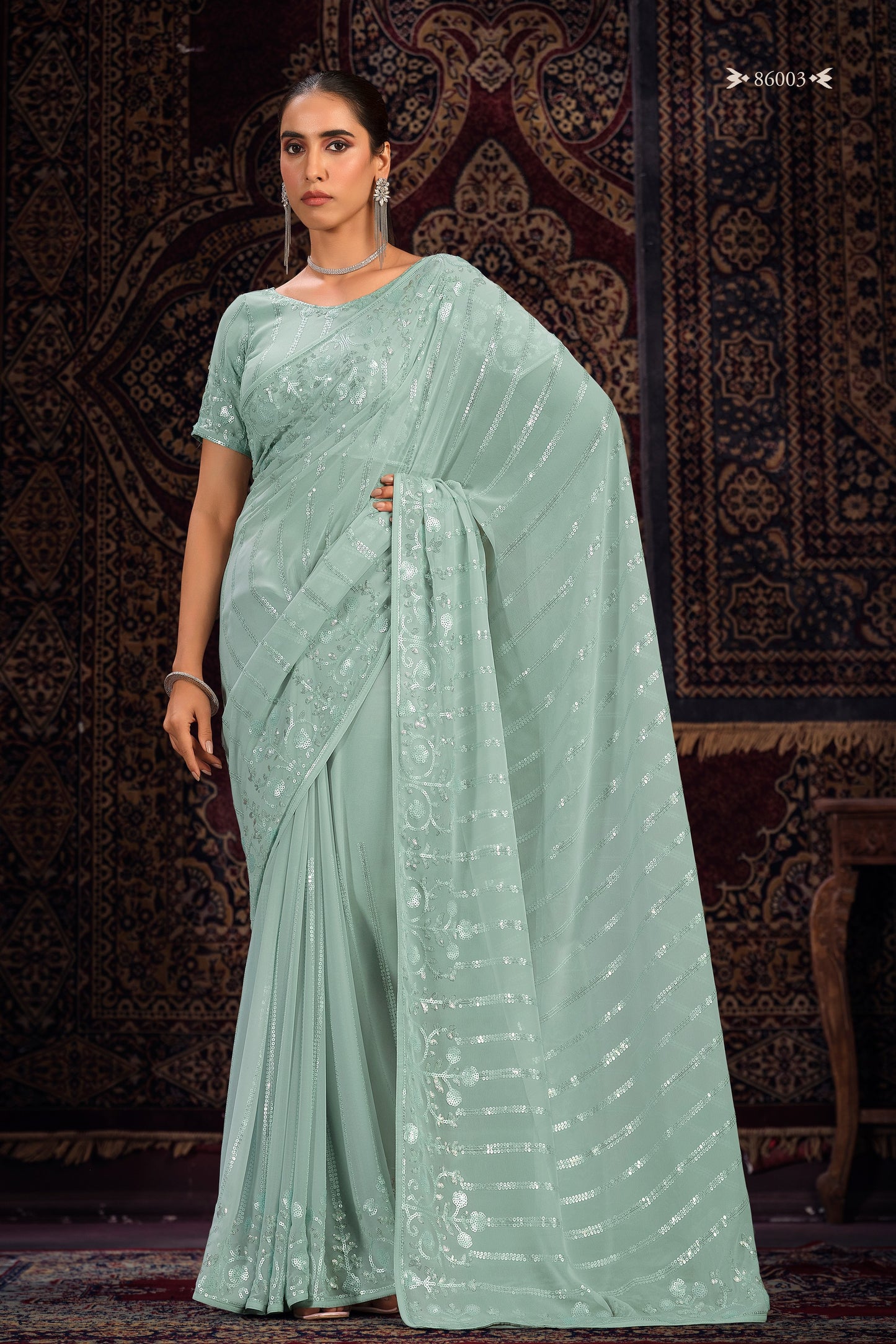 Sea Green Georgette Sari Saree For Indian Festival & Weddings - Sequence Embroidery Work