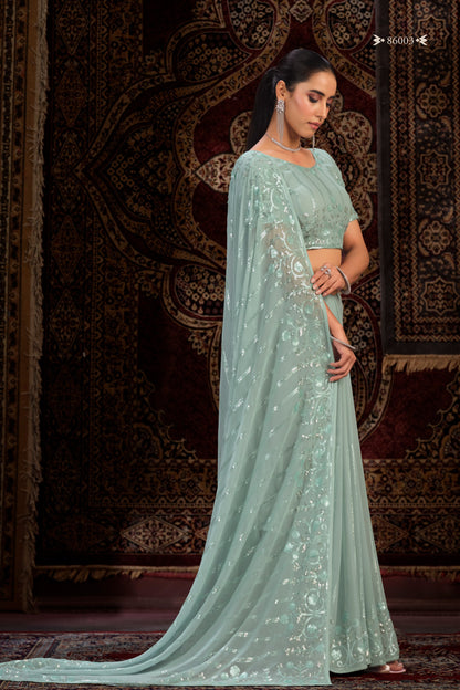 Sea Green Georgette Sari Saree For Indian Festival & Weddings - Sequence Embroidery Work