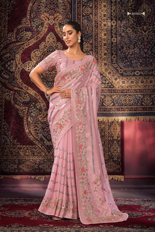 Pink Georgette Sari Saree For Indian Festival & Weddings - Thread Embroidery Work, Sequence Embroidery Work, Zari Work, Zarkan Work