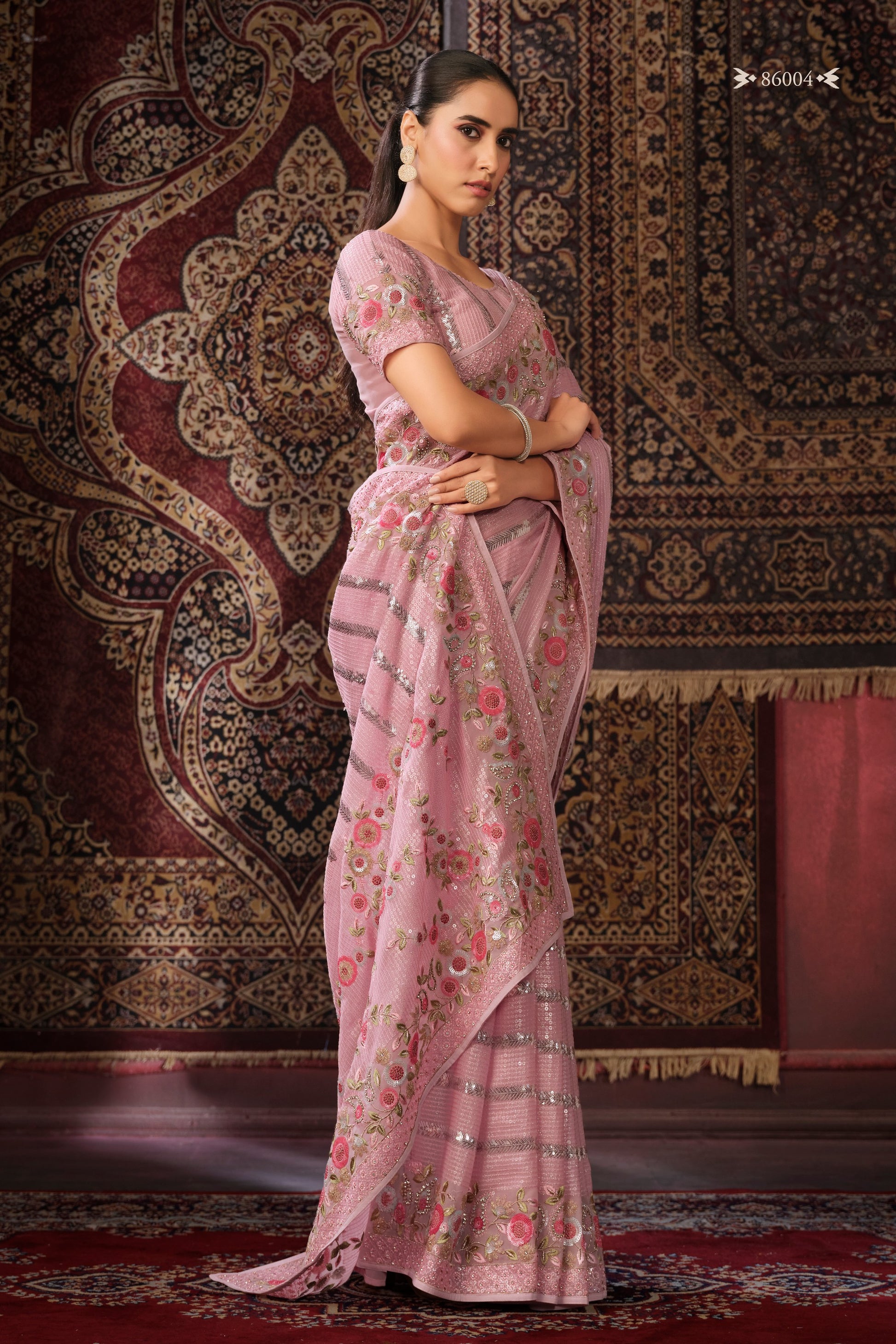 Pink Georgette Sari Saree For Indian Festival & Weddings - Thread Embroidery Work, Sequence Embroidery Work, Zari Work, Zarkan Work