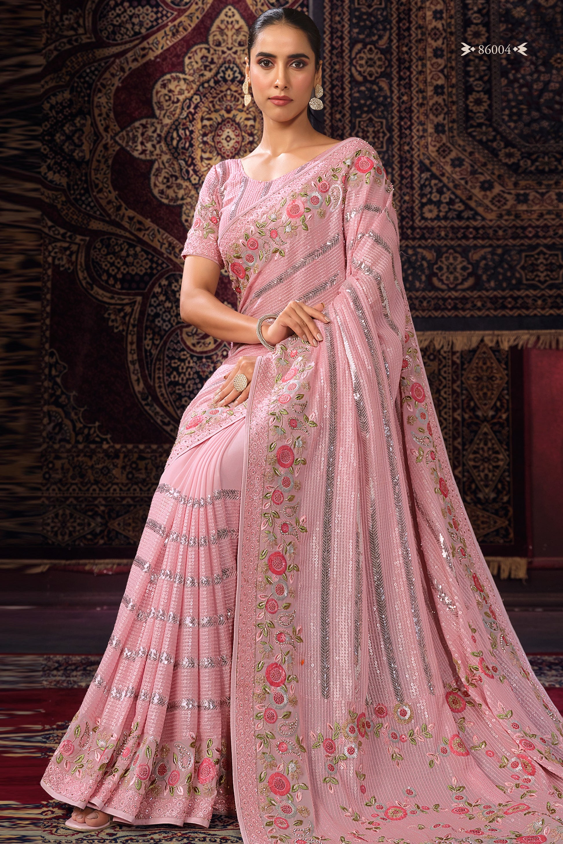 Pink Georgette Sari Saree For Indian Festival & Weddings - Thread Embroidery Work, Sequence Embroidery Work, Zari Work, Zarkan Work