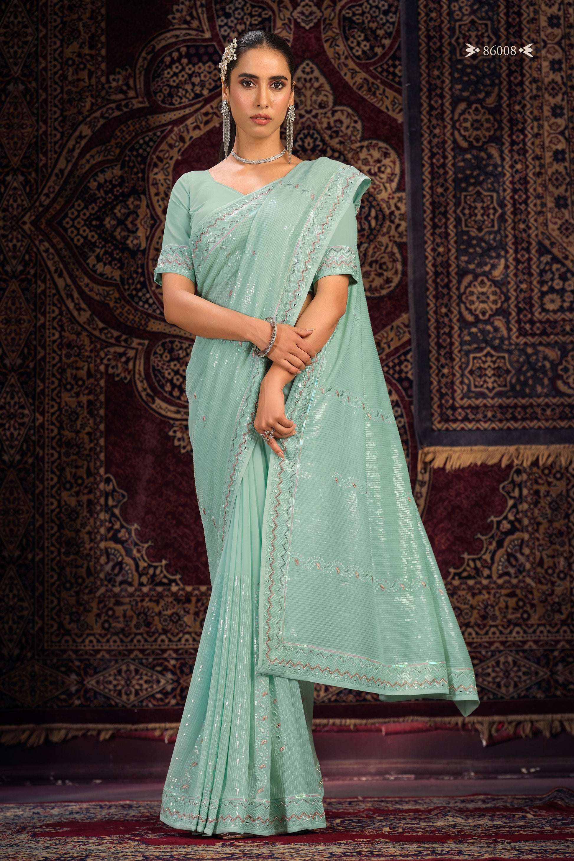 Turquoise Georgette Sari Saree For Indian Festival & Weddings - Thread Embroidery Work, Sequence Embroidery Work, Mirror Work, Zarkan Work