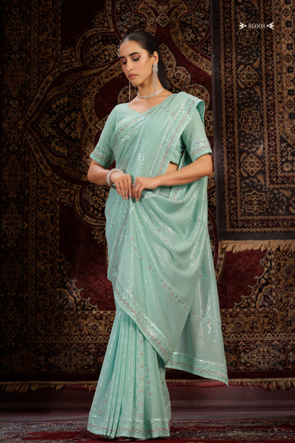 Turquoise Georgette Sari Saree For Indian Festival & Weddings - Thread Embroidery Work, Sequence Embroidery Work, Mirror Work, Zarkan Work