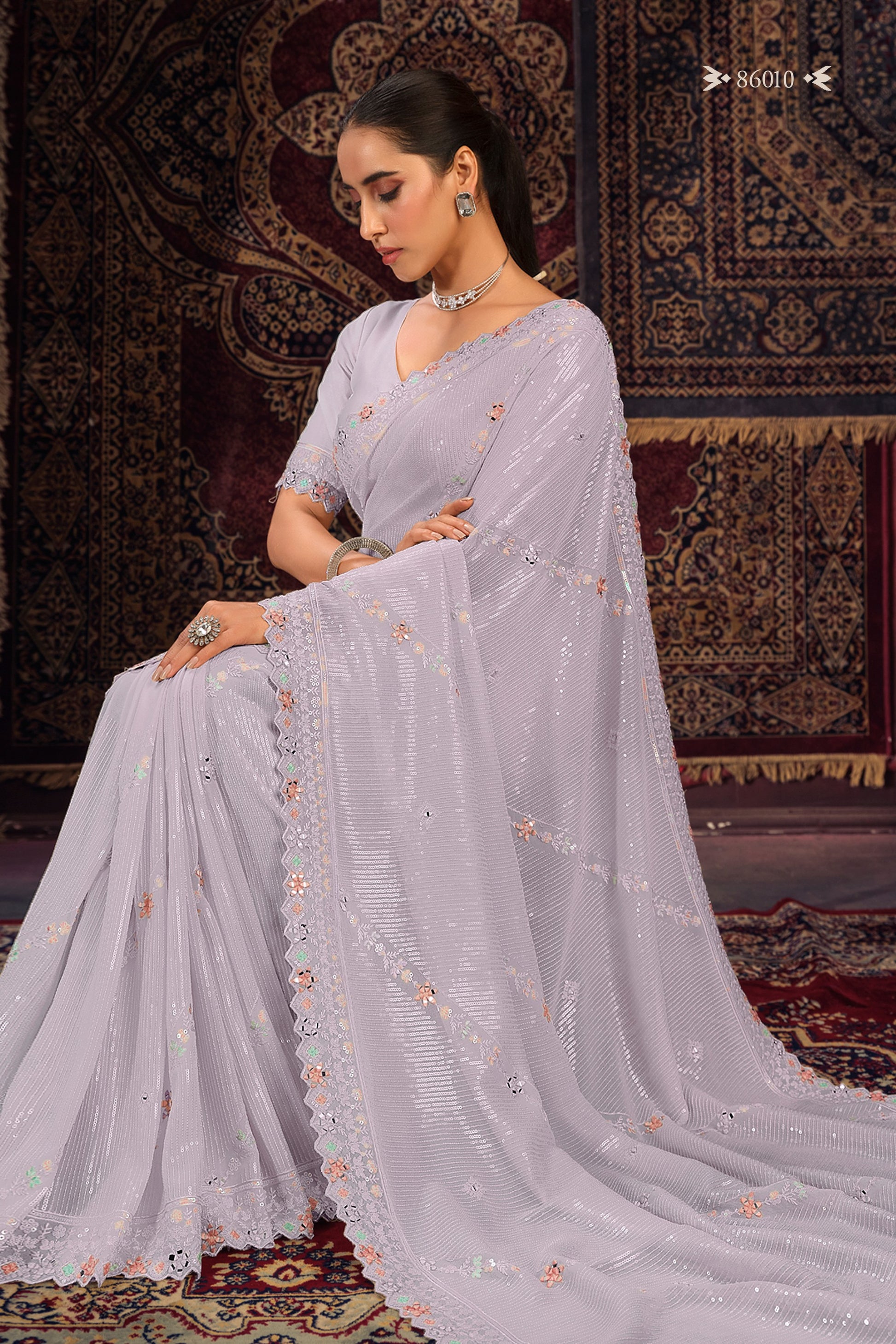 Lavender Georgette Saree Sari For Indian Festival & Weddings - Thread Embroidery Work, Mirror Work, Sequence Embroidery Work