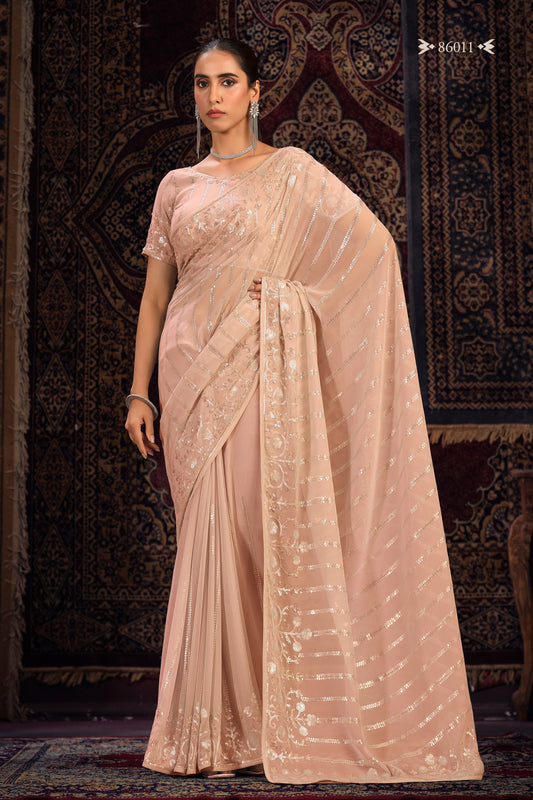 Peach Georgette Saree Sari For Indian Festival & Weddings - Thread Embroidery Work, Sequence Embroidery Work, Zari Work