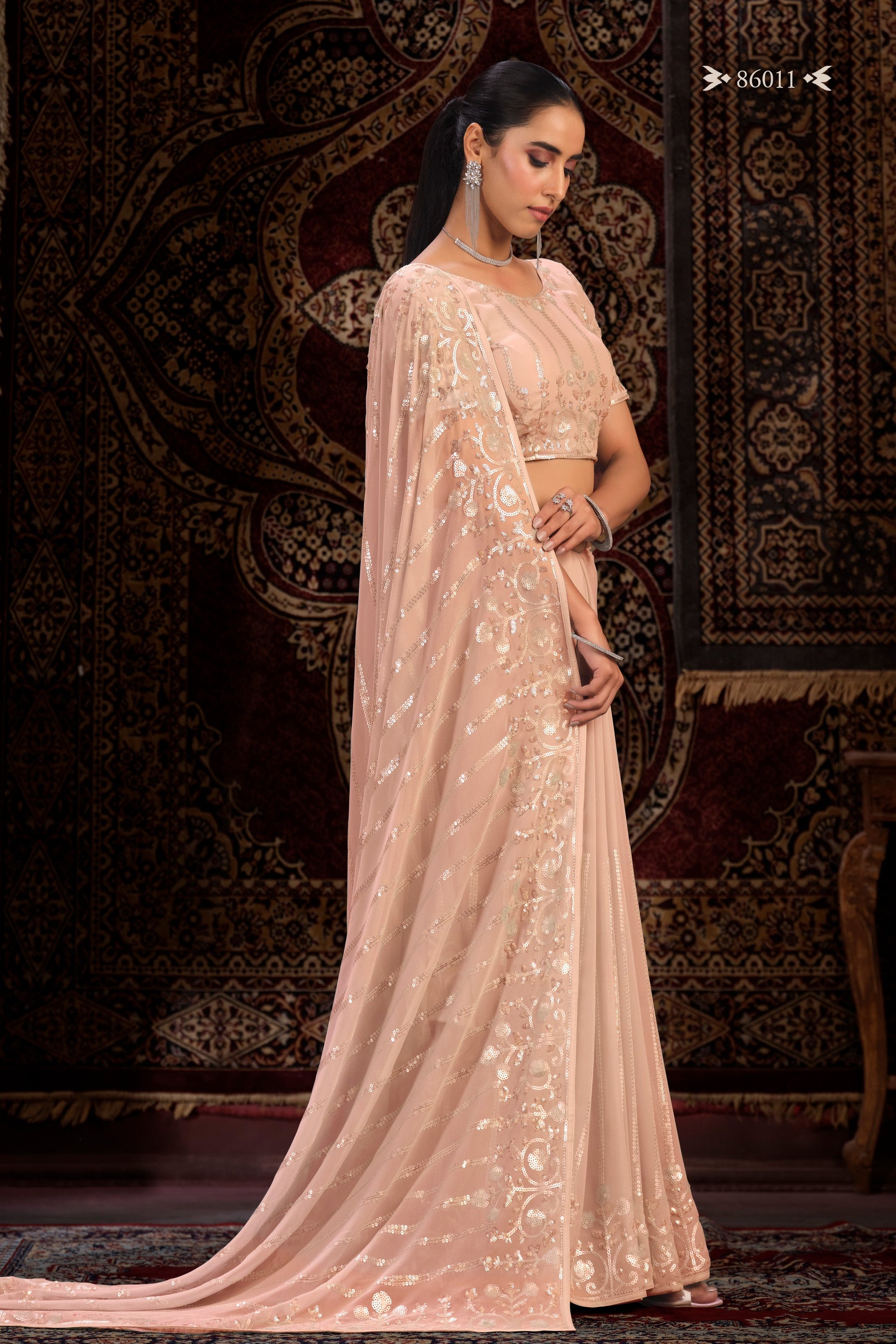 Peach Georgette Saree Sari For Indian Festival & Weddings - Thread Embroidery Work, Sequence Embroidery Work, Zari Work