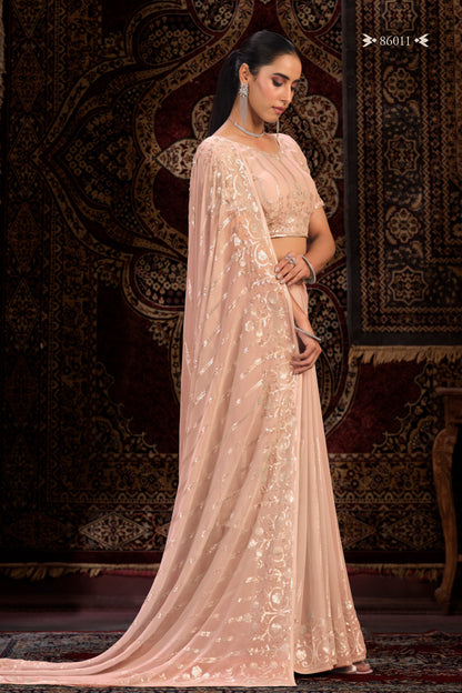 Peach Georgette Saree Sari For Indian Festival & Weddings - Thread Embroidery Work, Sequence Embroidery Work, Zari Work