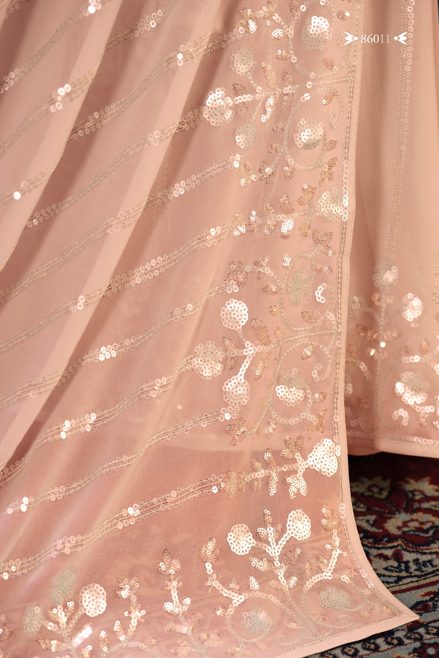 Peach Georgette Saree Sari For Indian Festival & Weddings - Thread Embroidery Work, Sequence Embroidery Work, Zari Work