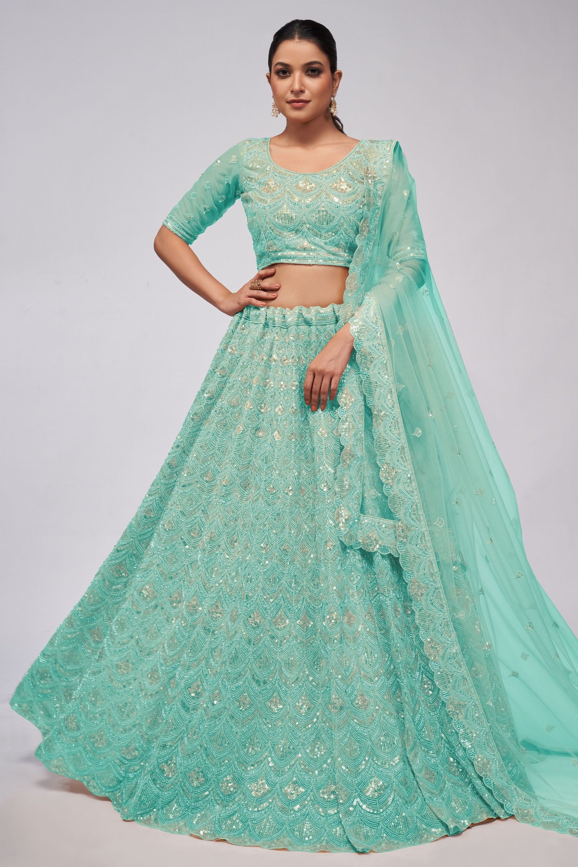 Turquoise Soft Net Lehenga Choli For Indian Festivals & Weddings - Sequins Work, Bead Work, Zarkan Work