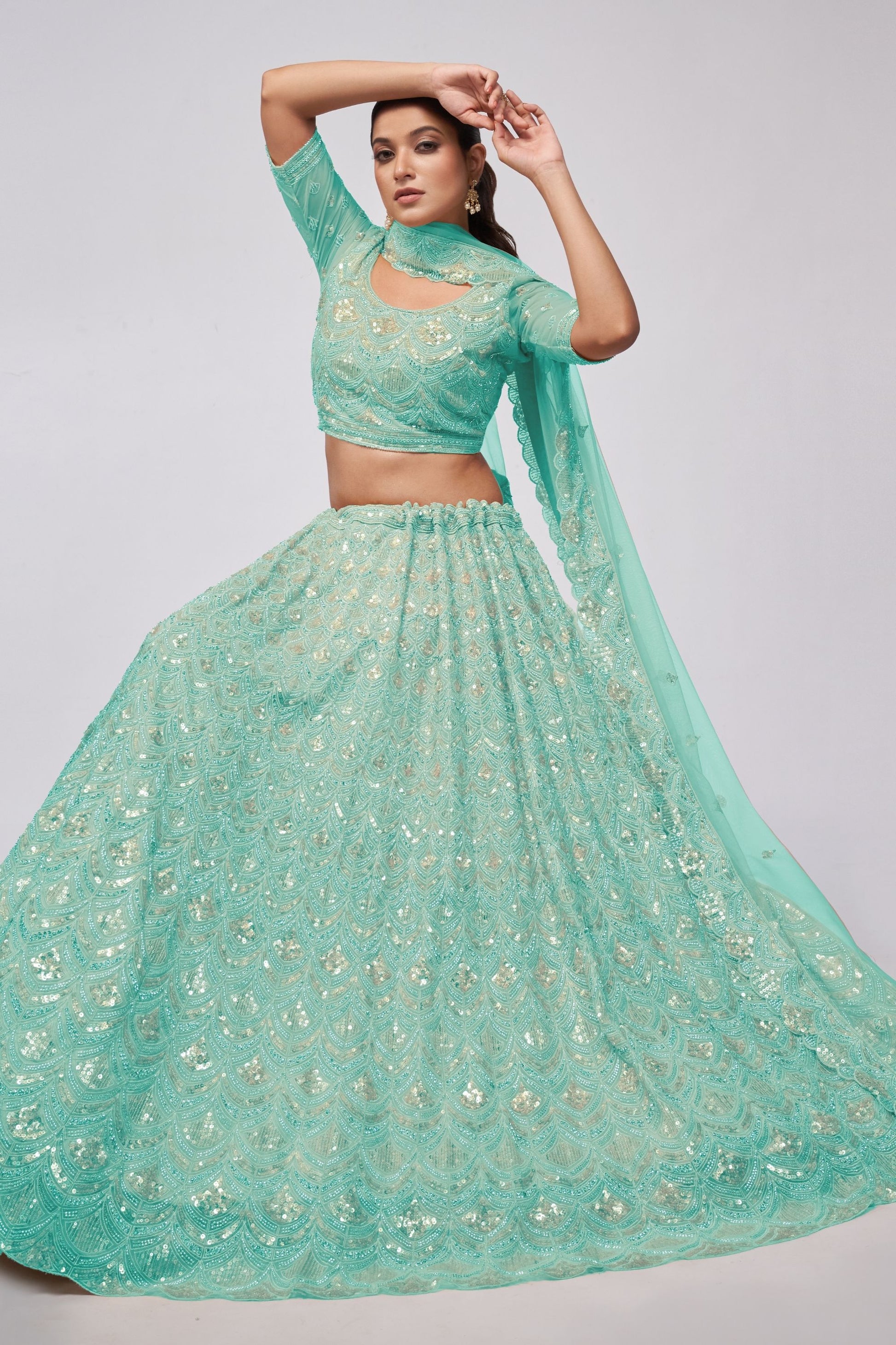 Turquoise Soft Net Lehenga Choli For Indian Festivals & Weddings - Sequins Work, Bead Work, Zarkan Work