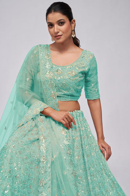 Turquoise Soft Net Lehenga Choli For Indian Festivals & Weddings - Sequins Work, Bead Work, Zarkan Work