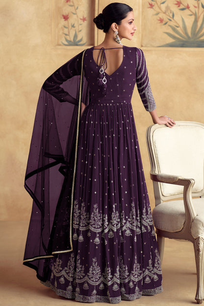 Dark Purple Chinon Silk Anarkali Gown Suit For Indian Festivals & Weddings - Embroidery Work