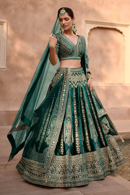 Teal Lycra Silk Lehenga Choli Handwork Blouse For Indian Festivals & Weddings - Embroidery Work, Handwork