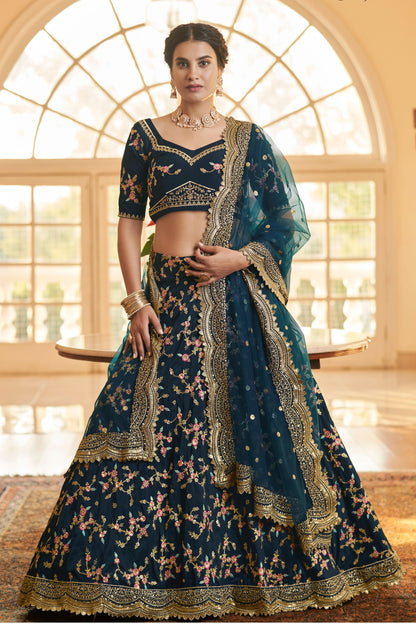 Blue Pakistani Chinon Floral Embroidered Lehenga Choli For Indian Festivals & Weddings - Sequence Embroidery Work, Thread Embroidery Work, Zari Work