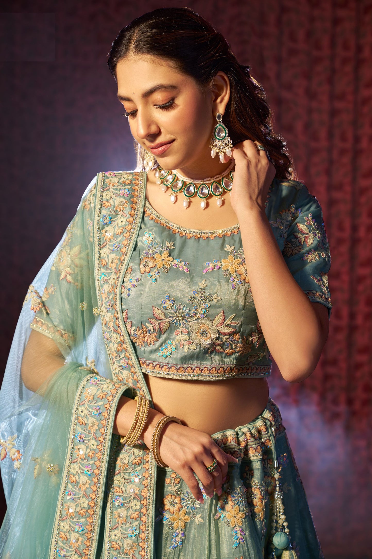 Turquoise Organza Lehenga Choli For Indian Festival & Weddings - Sequence Embroidery Work, Thread Embroidery Work, Dori Work, Zarkan Work