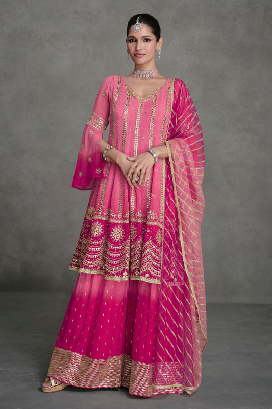Pink Georgette Dual Tone Plazo Suit For Indian Festivals & Pakistani Weddings - Embroidery Work