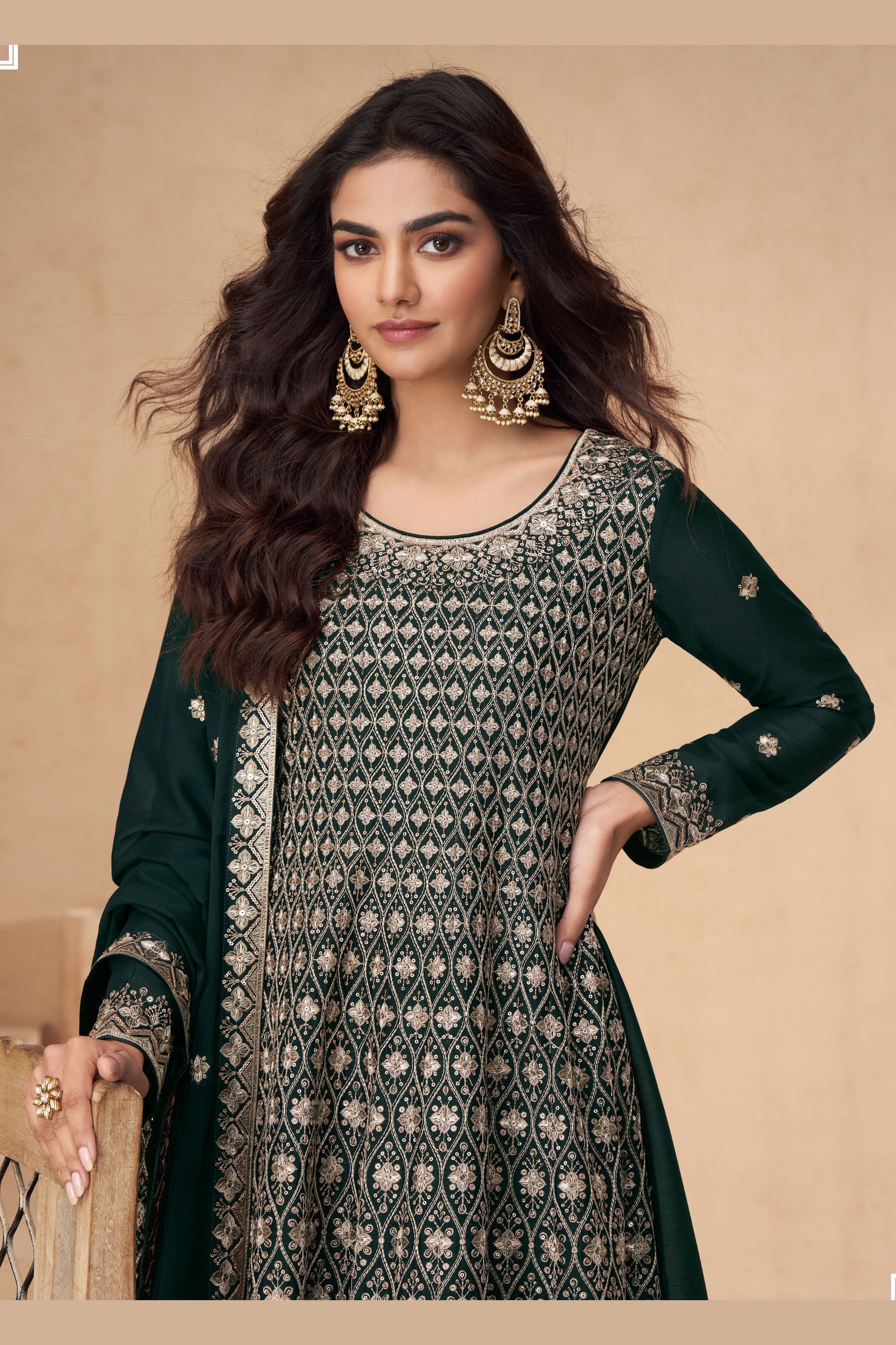 Dark Green Chinon Silk Plazo Suit For Wedding & Festival - Embroidery Work