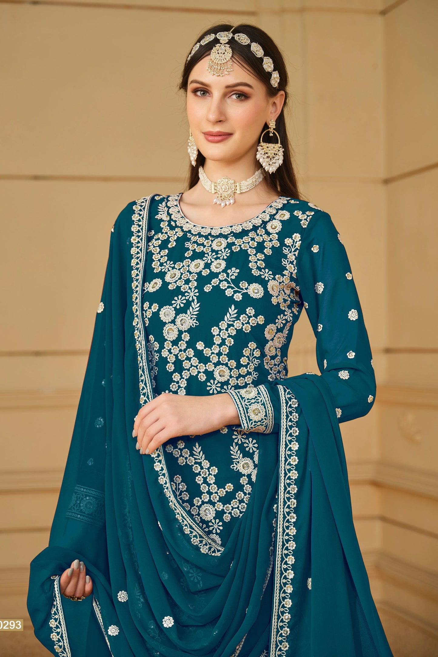 Teal Georgette Sharara Suit For Indian Festivals & Pakistani Weddings - Thread Embroidery Work, Sequence Embroidery Work