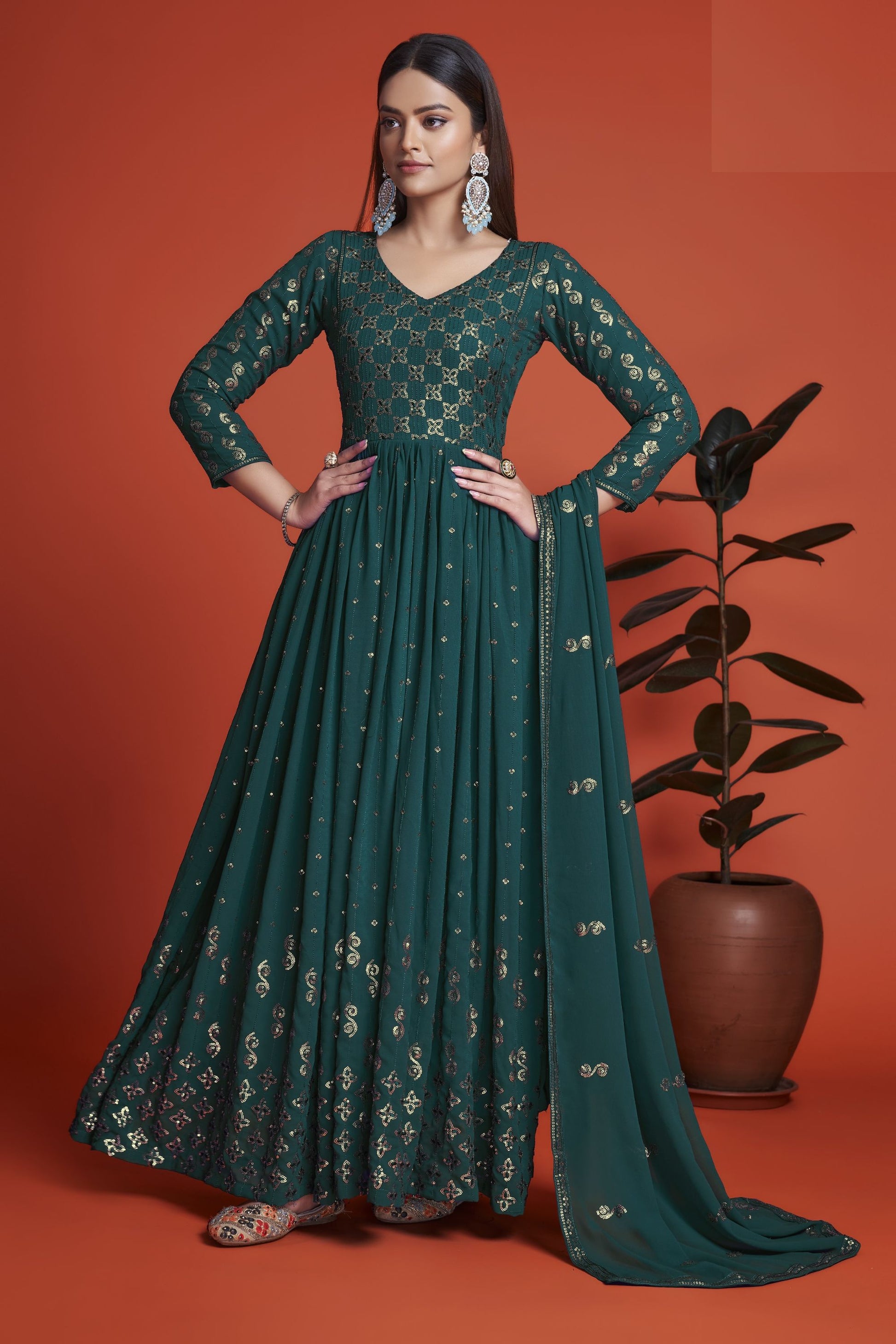 Teal Pakistani Georgette Anarkali Gown For Indian Festivals & Weddings - Sequence Embroidery Work, Thread Embroidery Work,