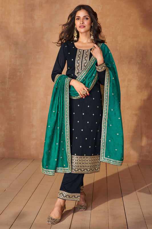Navy Blue Silk Salwar Kameez with Pant For Indian Festivals & Weddings - Thread Embroidery Work