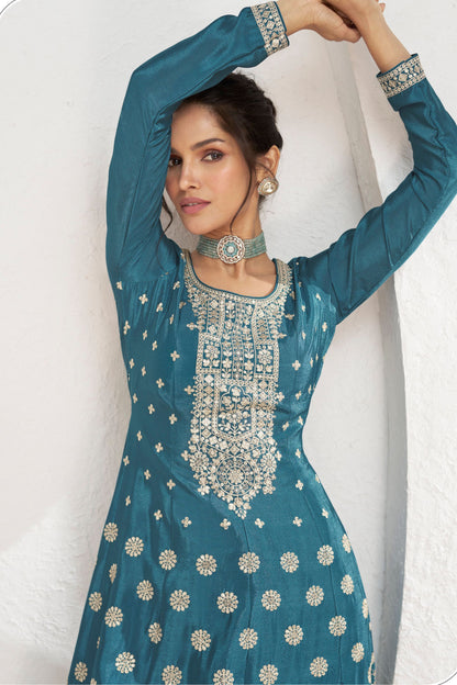 Teal Chinon Silk Palazzo Suit For Indian Festival & Pakistani Weddings - Embroidery Work