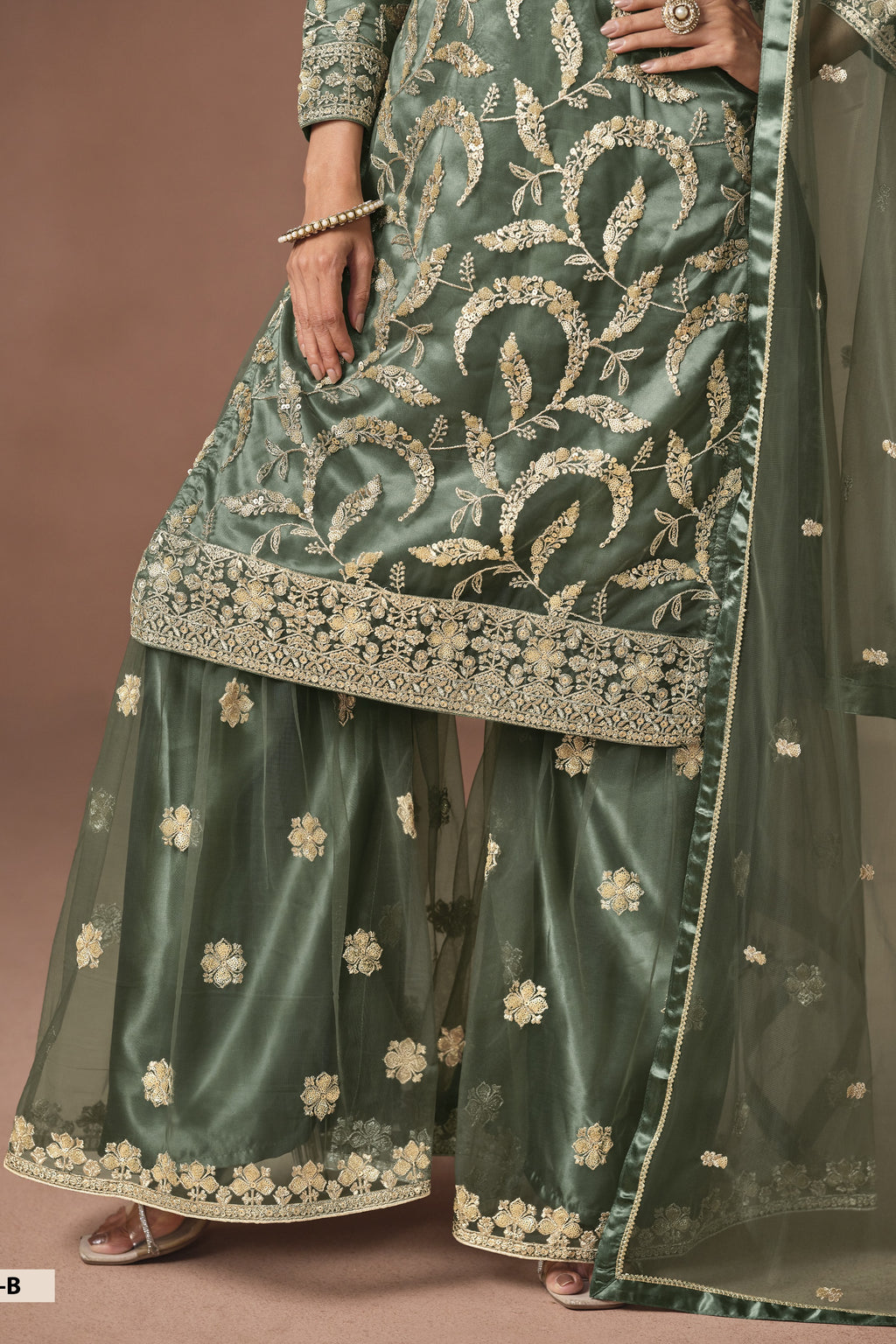 Green Pakistani Mehndi Outfit - Sharara Suit with Embroidery Work