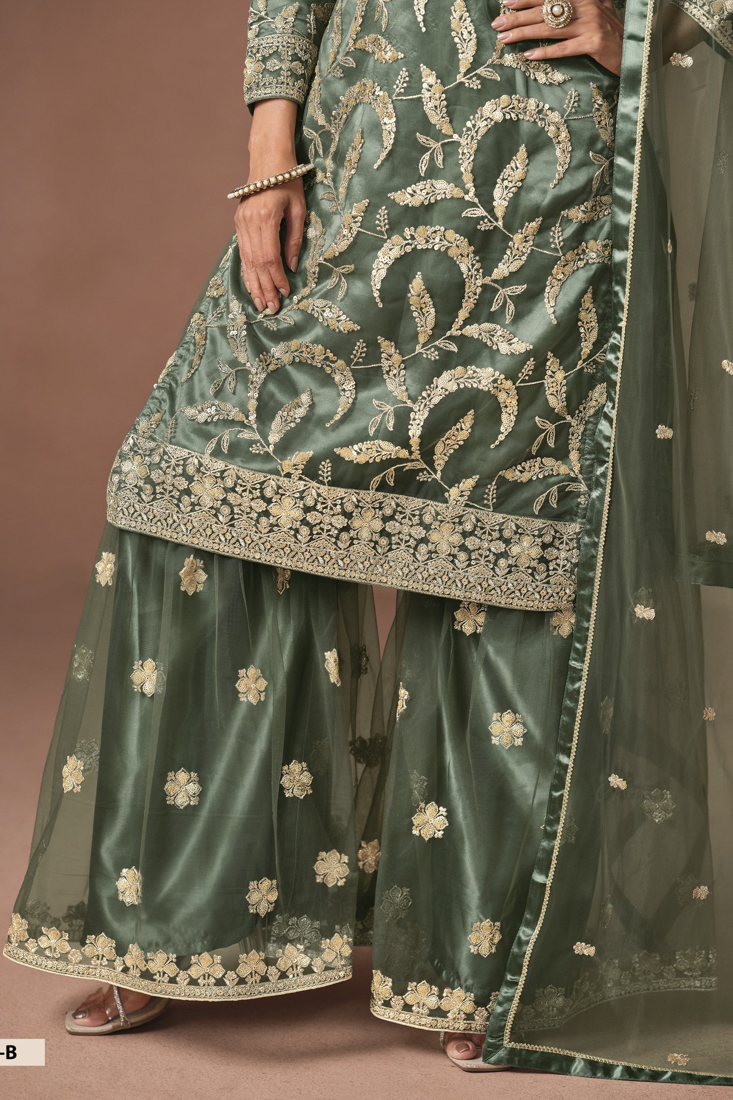Green Pakistani Mehndi Outfit - Sharara Suit with Embroidery Work