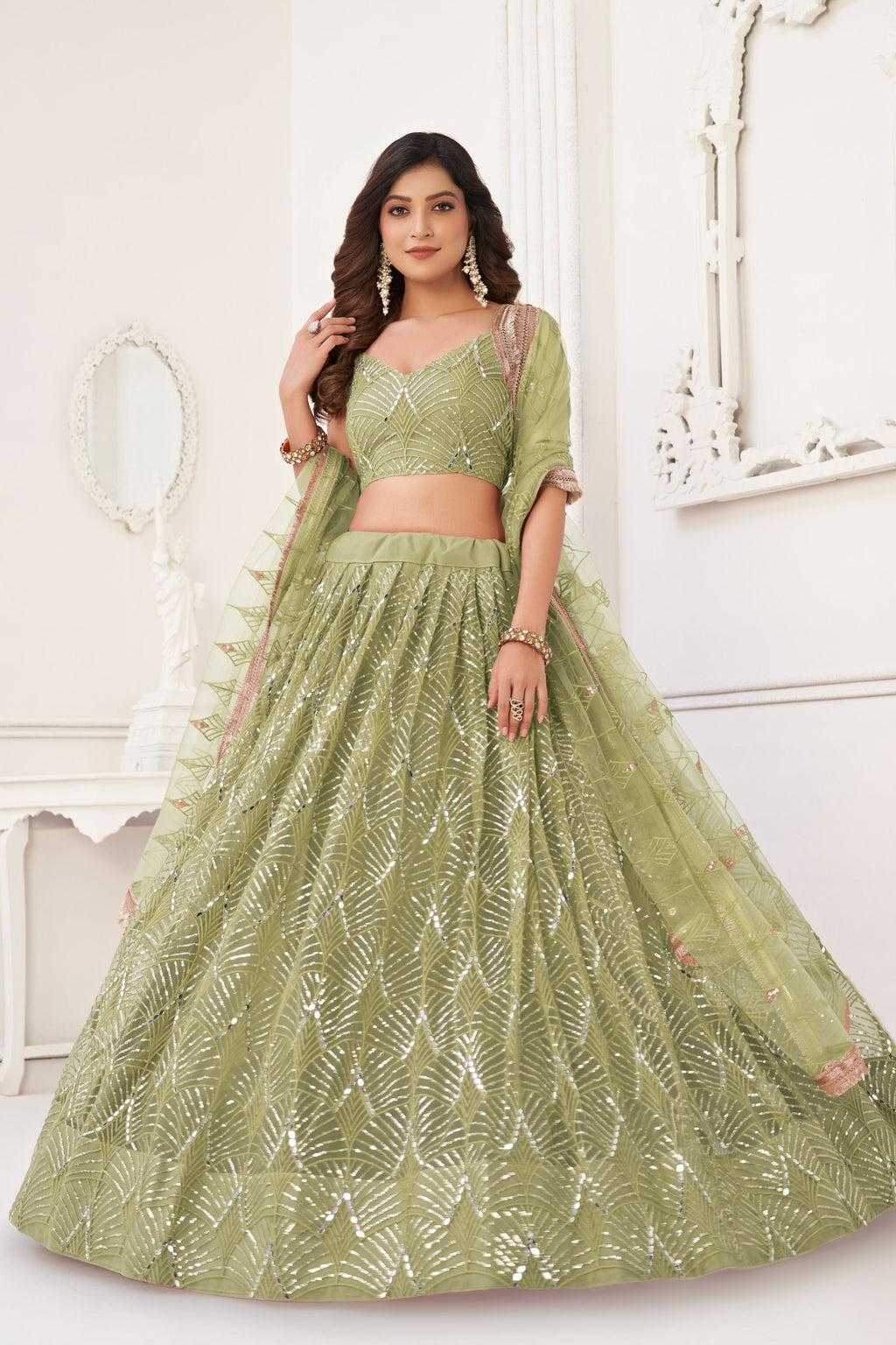 Olive Net Embroidered Lehenga Choli For Indian Festival & Weddings - Embroidery Work