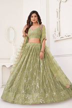 Olive Net Embroidered Lehenga Choli For Indian Festival & Weddings - Embroidery Work