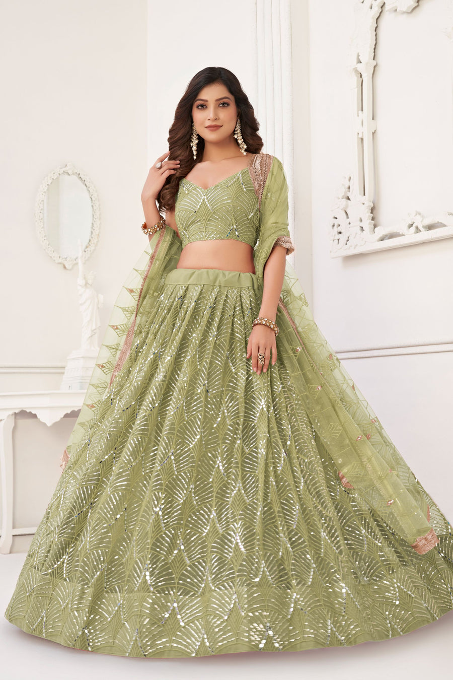 Olive Net Embroidered Lehenga Choli For Indian Festival & Weddings - Embroidery Work