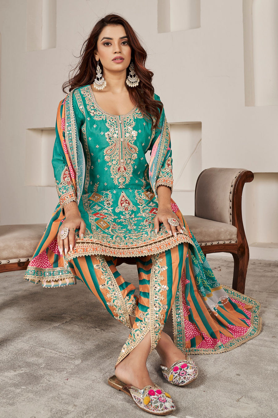 Green Chinon Silk Salwar Kameez with Dhoti Tulip for Indian Festival & Pakistani Wedding - Sequence Embroidery Work, Dori Work, Print Work, Mirror Work