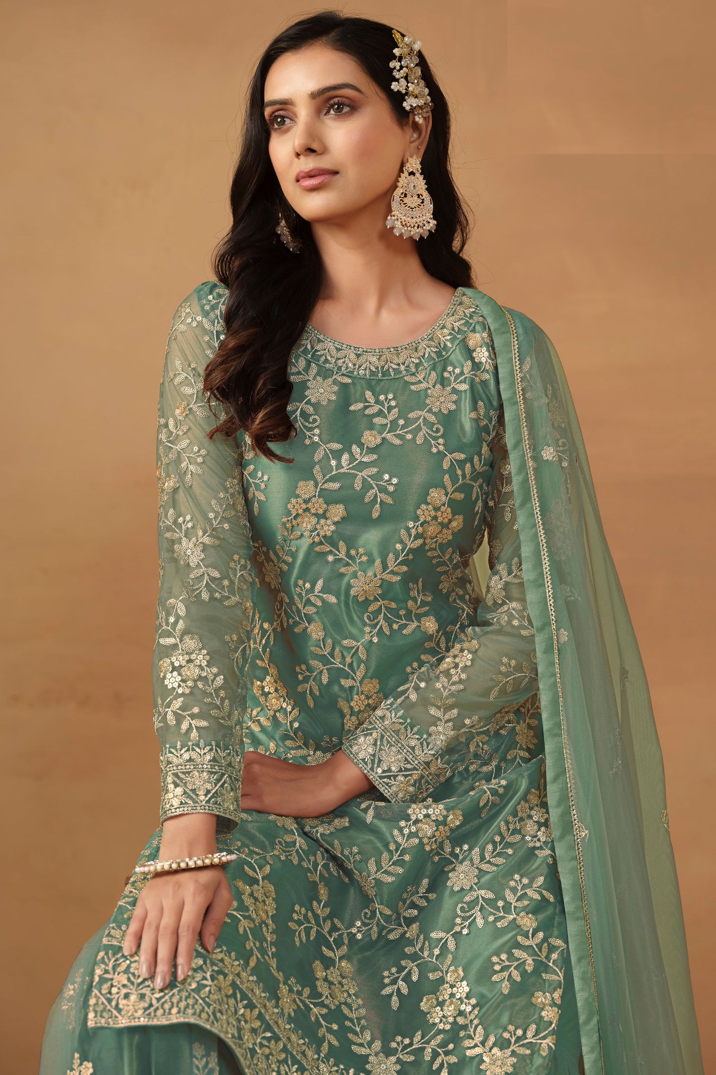 Green Net Sharara Suit Dress For Indian Festivals & Weddings - Thread & Sequence Embroidery Work