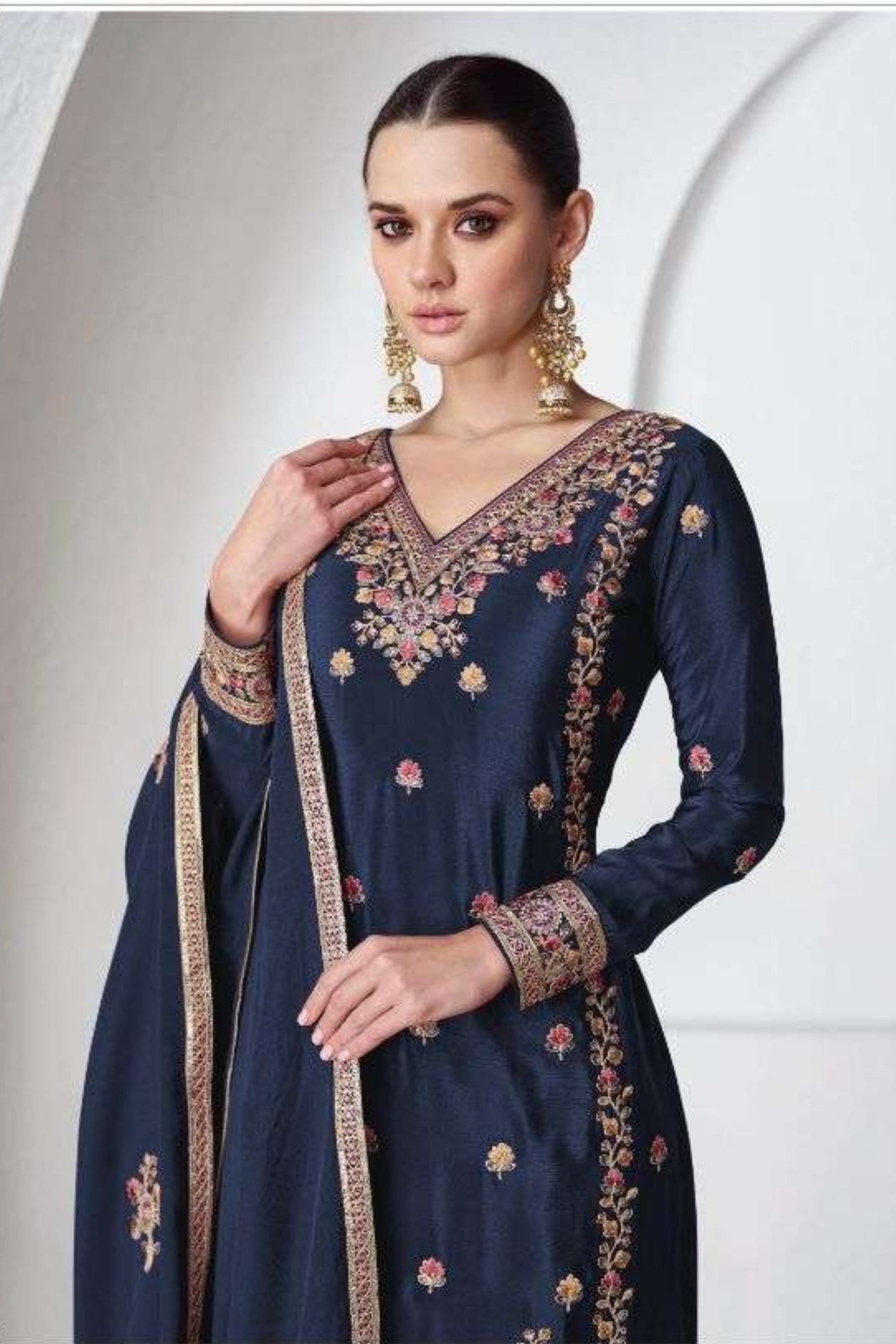 Blue Chinon Silk Palazzo Suit Dress For Indian Weddings & Pakitani Festival - Embroidery Work