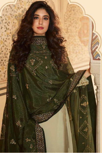 Light Olive Satin Kameez with Plazzo Suit For Indian Festivals & Pakistani Weddings - Thread Embroidery Work, Sequence Embroidery Work