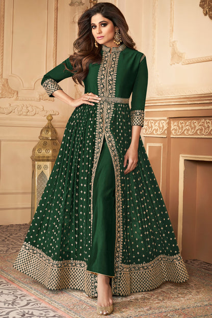 Dark Green Georgette Anarkali Gown For Indian Festivals & Pakistani Weddings Dress - Sequence Embroidery Work, Stone work